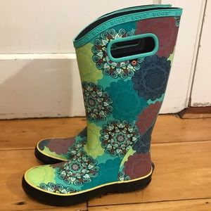Blue, green, yellow, and purple rain boots